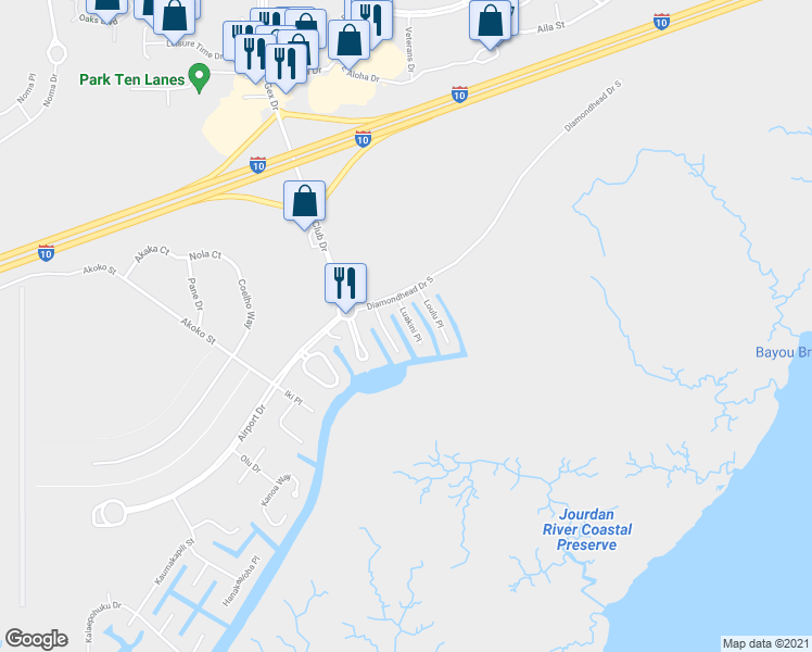 map of restaurants, bars, coffee shops, grocery stores, and more near 356 Luakini Place in Diamondhead