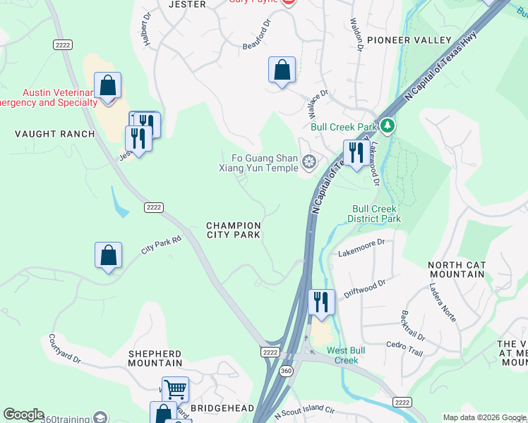 map of restaurants, bars, coffee shops, grocery stores, and more near 6500 Champion Grandview Way in Austin