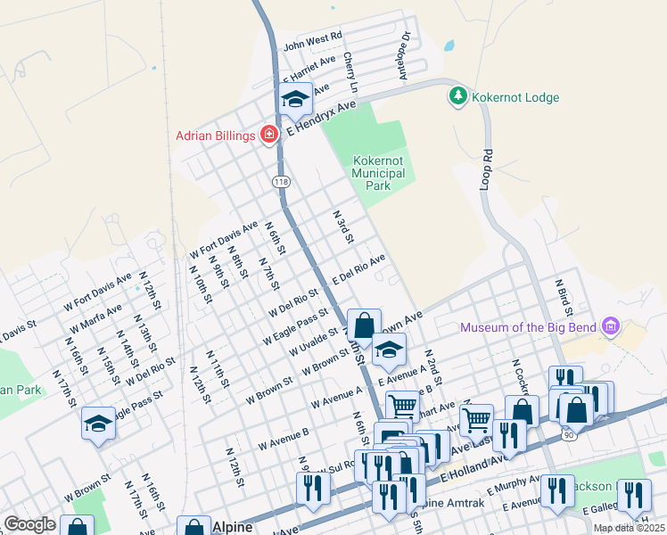map of restaurants, bars, coffee shops, grocery stores, and more near 1201 North 4th Street in Alpine