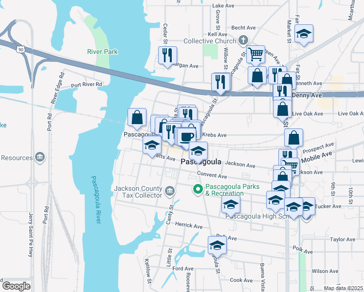 map of restaurants, bars, coffee shops, grocery stores, and more near 677 Railroad Ave in Pascagoula