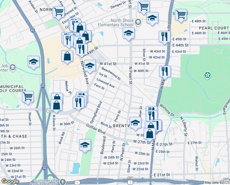 map of restaurants, bars, coffee shops, grocery stores, and more near 503 Linwood Avenue in Jacksonville