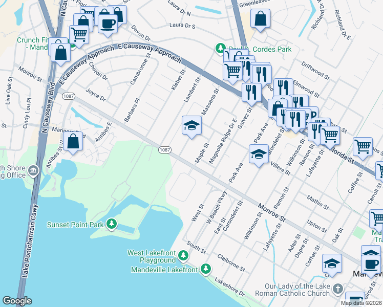 map of restaurants, bars, coffee shops, grocery stores, and more near 519 Massena Street in Mandeville