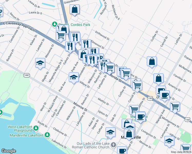 map of restaurants, bars, coffee shops, grocery stores, and more near 2626 Rebecca Lane in Mandeville