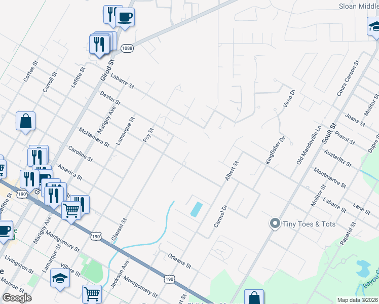 map of restaurants, bars, coffee shops, grocery stores, and more near 1498 Jackson Street in Mandeville