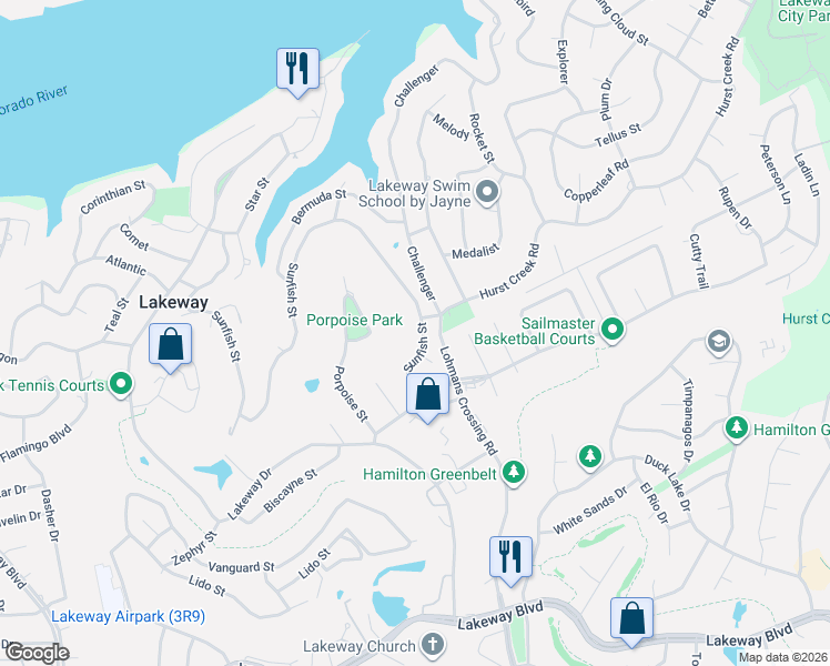 map of restaurants, bars, coffee shops, grocery stores, and more near 835 Sunfish Street in Lakeway