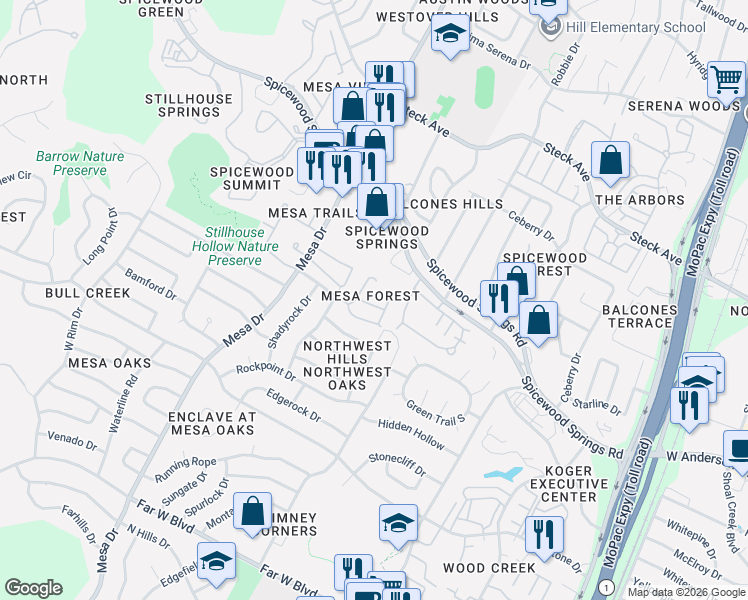 map of restaurants, bars, coffee shops, grocery stores, and more near 7909 Comfort Cove in Austin
