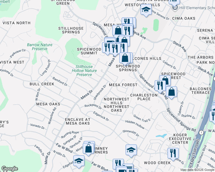 map of restaurants, bars, coffee shops, grocery stores, and more near 7801 Shadyrock Drive in Austin