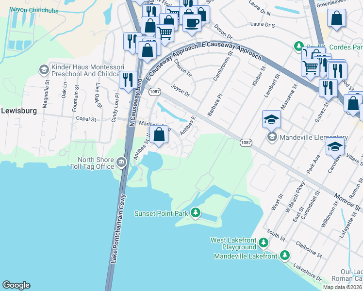 map of restaurants, bars, coffee shops, grocery stores, and more near 334 Mariners Boulevard in Mandeville