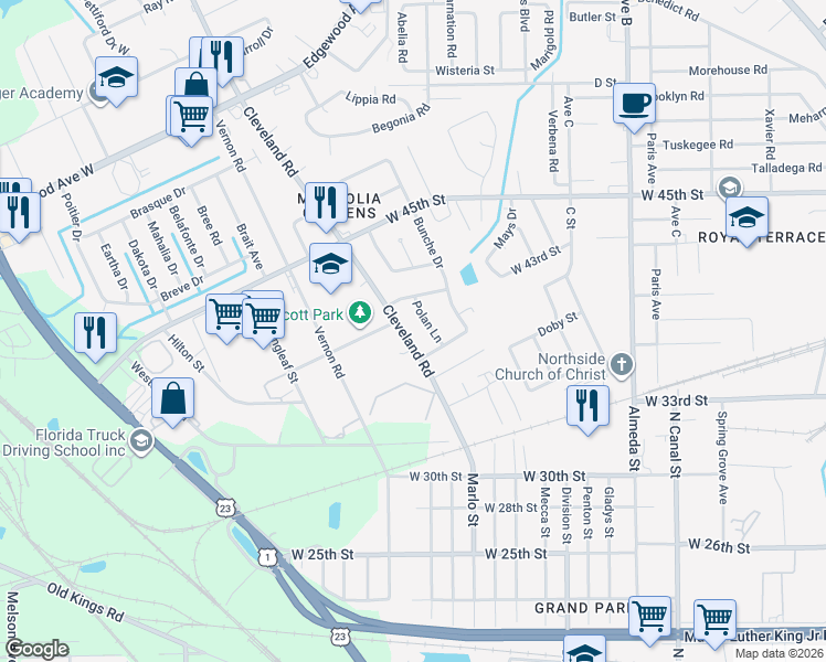 map of restaurants, bars, coffee shops, grocery stores, and more near 5273 Cleveland Road in Jacksonville