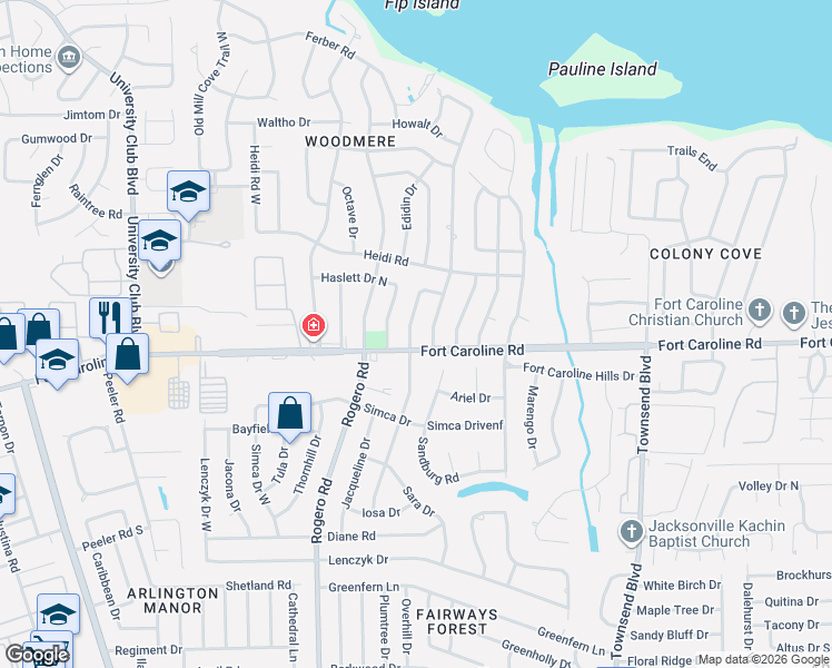 map of restaurants, bars, coffee shops, grocery stores, and more near 3730 Hoover Lane in Jacksonville