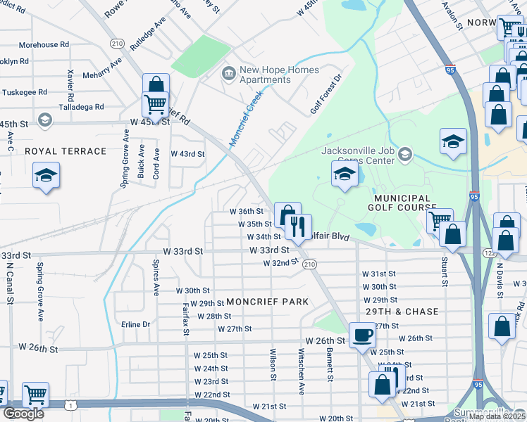 map of restaurants, bars, coffee shops, grocery stores, and more near 4646 Moncrief Road in Jacksonville