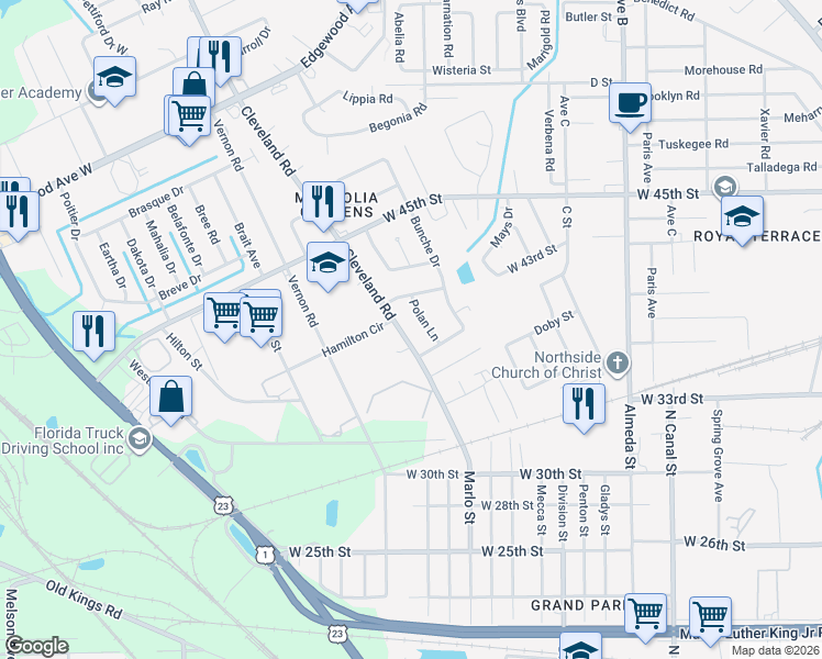 map of restaurants, bars, coffee shops, grocery stores, and more near 5273 Cleveland Road in Jacksonville