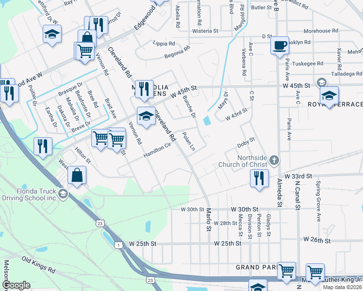 map of restaurants, bars, coffee shops, grocery stores, and more near 5273 Cleveland Road in Jacksonville