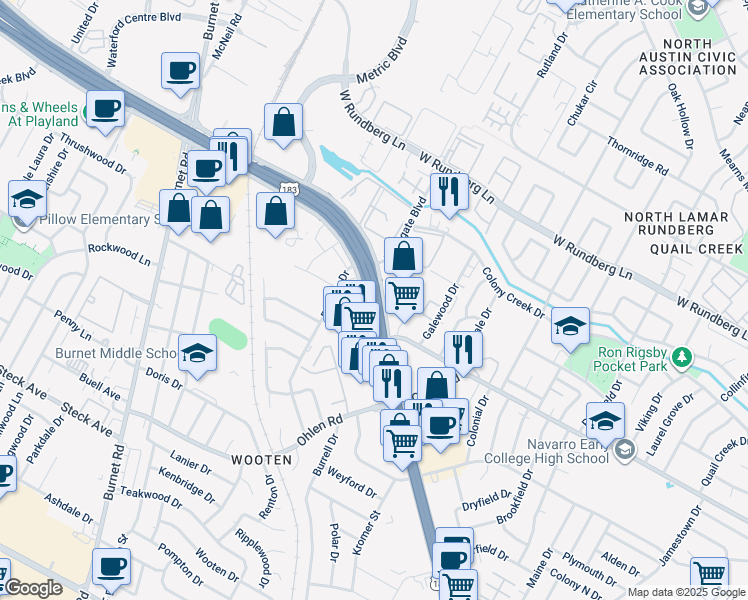 map of restaurants, bars, coffee shops, grocery stores, and more near 8816 Research Boulevard in Austin