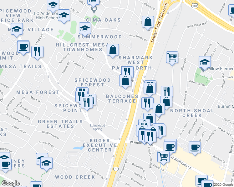 map of restaurants, bars, coffee shops, grocery stores, and more near 8124 Ceberry Drive in Austin