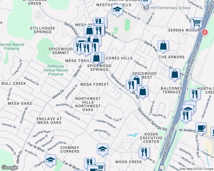 map of restaurants, bars, coffee shops, grocery stores, and more near 3812 Williamsburg Circle in Austin