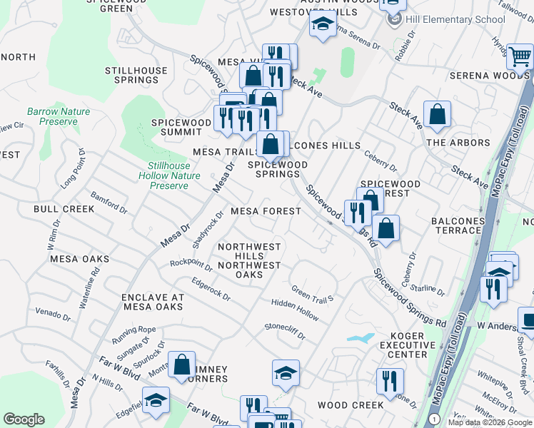 map of restaurants, bars, coffee shops, grocery stores, and more near 7909 Comfort Cove in Austin