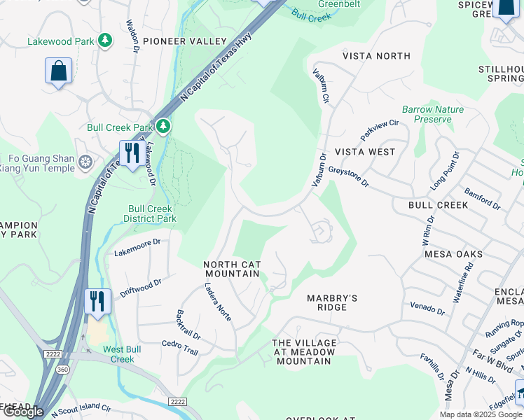 map of restaurants, bars, coffee shops, grocery stores, and more near 7130 Valburn Drive in Austin