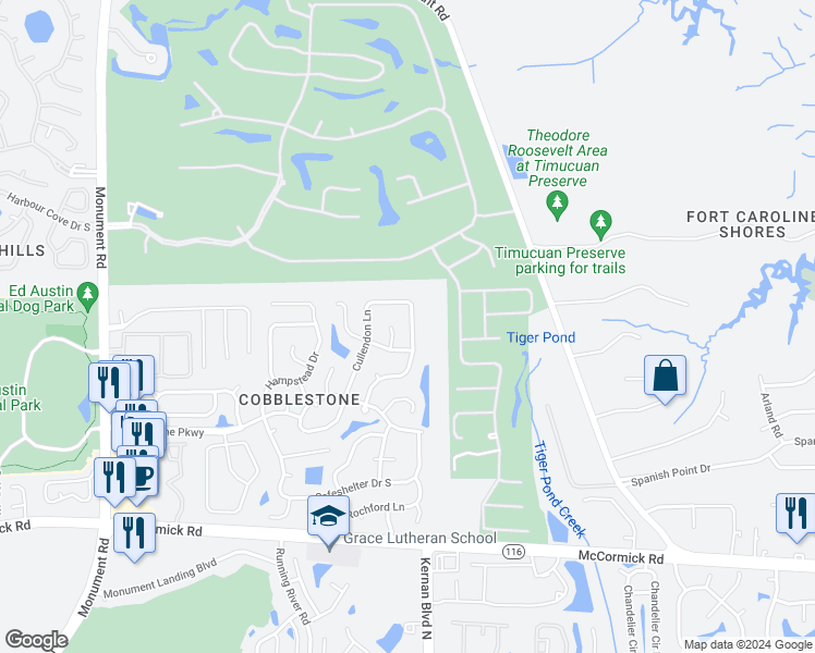 map of restaurants, bars, coffee shops, grocery stores, and more near 3338 Brachenbury Lane in Jacksonville