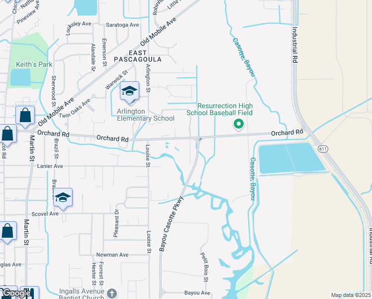 map of restaurants, bars, coffee shops, grocery stores, and more near 3011 Horn Street in Pascagoula