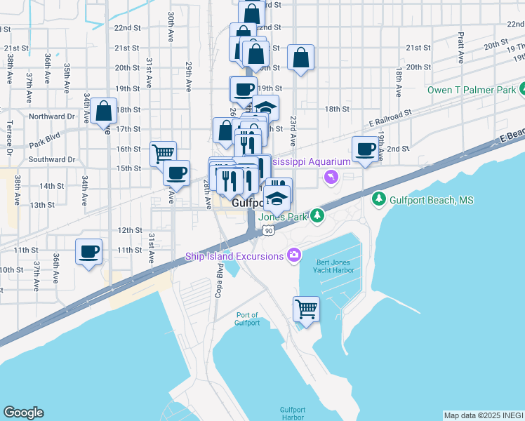 map of restaurants, bars, coffee shops, grocery stores, and more near 2421 13th Street in Gulfport