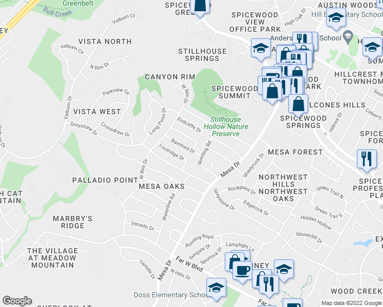 map of restaurants, bars, coffee shops, grocery stores, and more near 4205 Bamford Drive in Austin