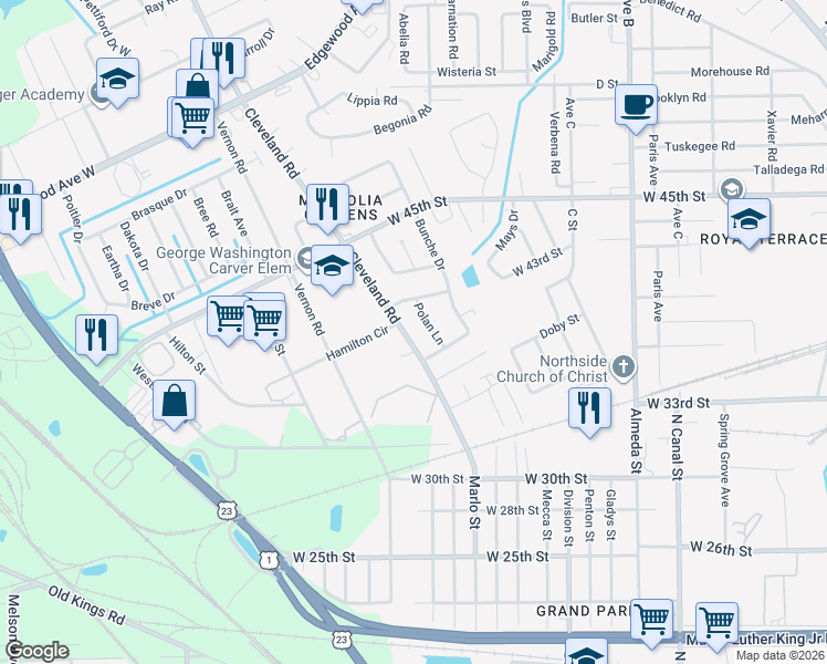 map of restaurants, bars, coffee shops, grocery stores, and more near 5273 Cleveland Road in Jacksonville