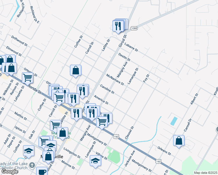 map of restaurants, bars, coffee shops, grocery stores, and more near 1220 Marigny Avenue in Mandeville