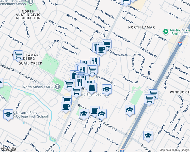 map of restaurants, bars, coffee shops, grocery stores, and more near 681 West Longspur Boulevard in Austin