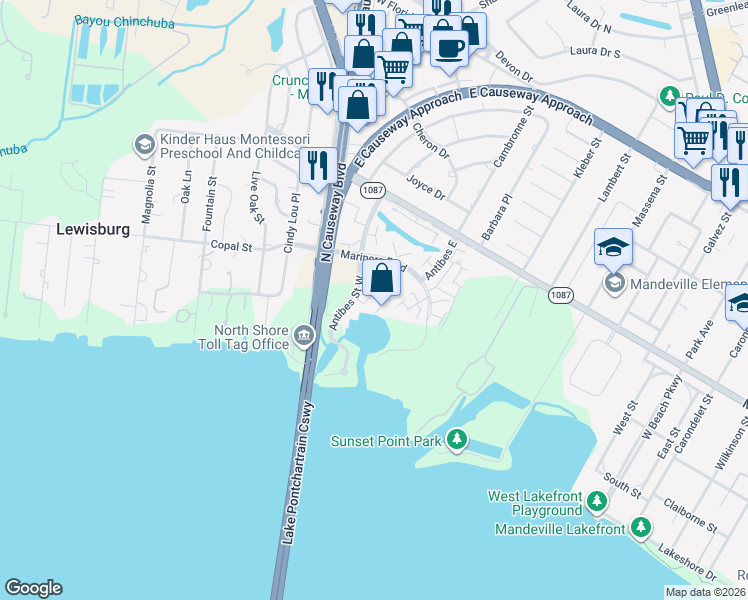 map of restaurants, bars, coffee shops, grocery stores, and more near 103 Tops L Drive in Mandeville