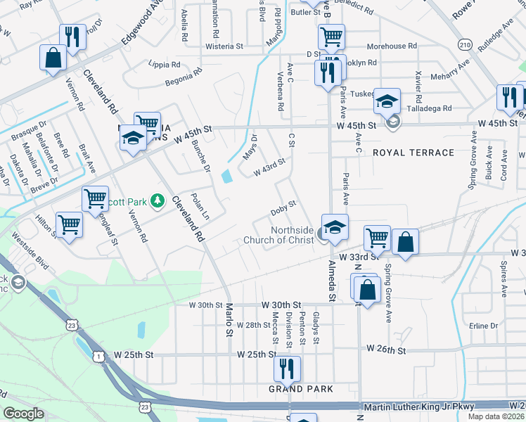 map of restaurants, bars, coffee shops, grocery stores, and more near 2501 Doby Street in Jacksonville