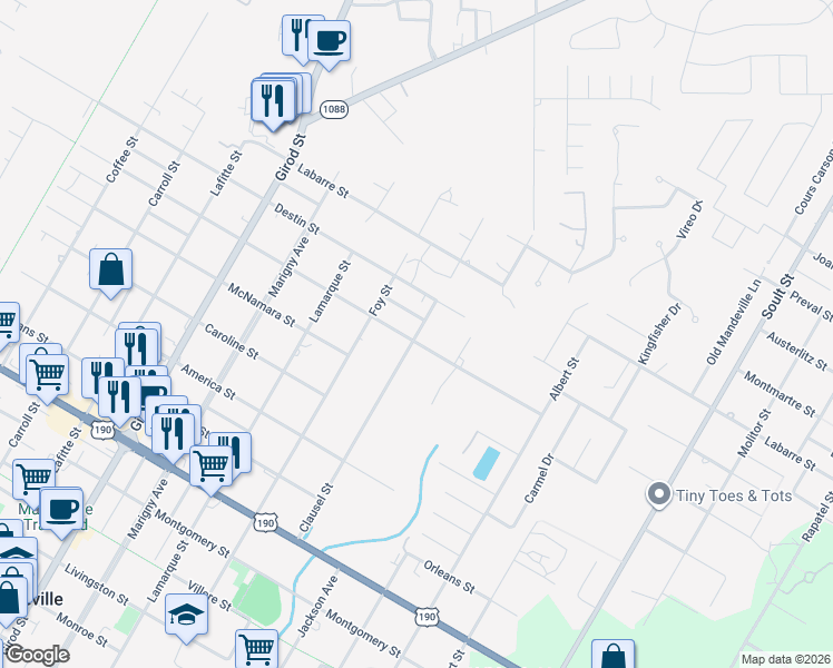 map of restaurants, bars, coffee shops, grocery stores, and more near 1413 Clausel Street in Mandeville