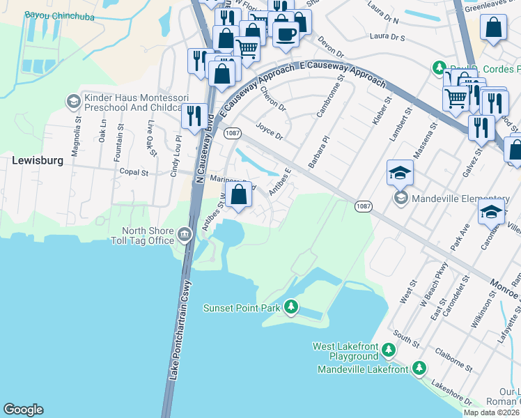 map of restaurants, bars, coffee shops, grocery stores, and more near 136 Saint Croix in Mandeville