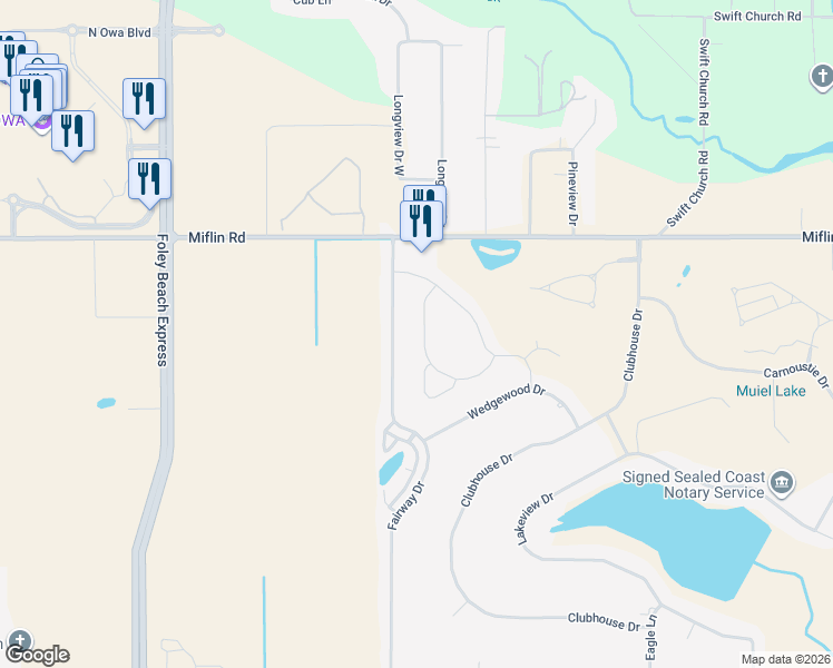 map of restaurants, bars, coffee shops, grocery stores, and more near 9750 Fairway Drive in Foley