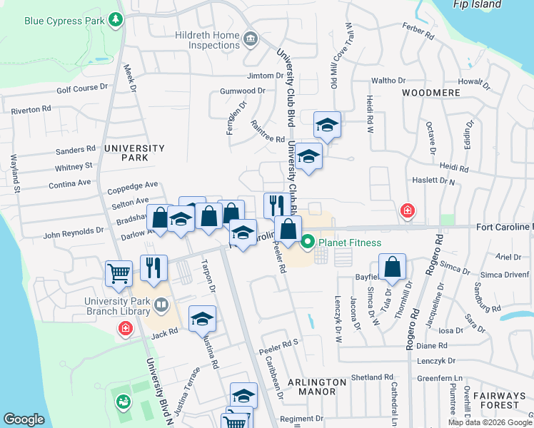 map of restaurants, bars, coffee shops, grocery stores, and more near 5959-4 5959-4 Fort Caroline Ap in Jacksonville