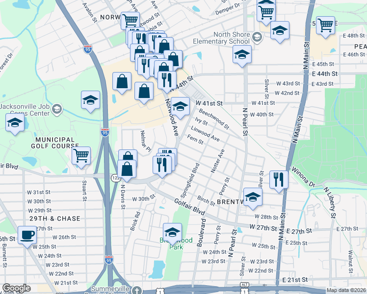 map of restaurants, bars, coffee shops, grocery stores, and more near 658 Fern Street in Jacksonville