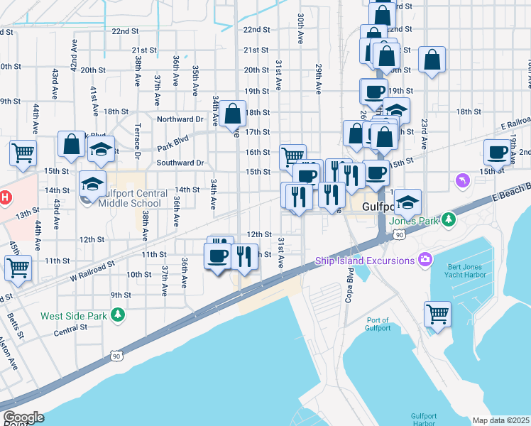 map of restaurants, bars, coffee shops, grocery stores, and more near 1234a 32nd Avenue in Gulfport