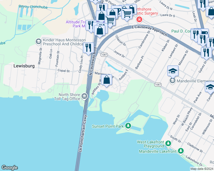 map of restaurants, bars, coffee shops, grocery stores, and more near 136 Saint Croix in Mandeville