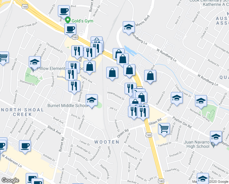 map of restaurants, bars, coffee shops, grocery stores, and more near 1916 Hearthstone Drive in Austin