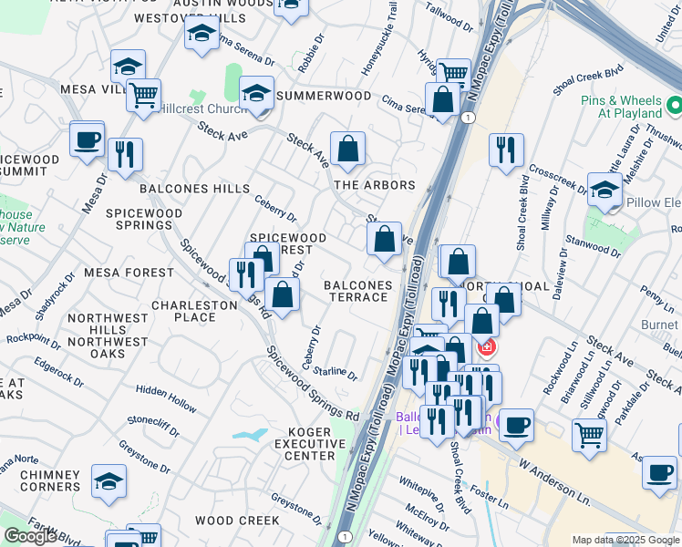 map of restaurants, bars, coffee shops, grocery stores, and more near 8124 Ceberry Drive in Austin