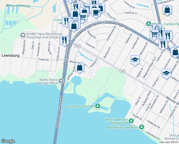 map of restaurants, bars, coffee shops, grocery stores, and more near 145 Antibes Street East in Mandeville
