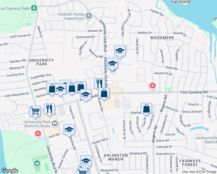 map of restaurants, bars, coffee shops, grocery stores, and more near 3754 University Club Boulevard in Jacksonville