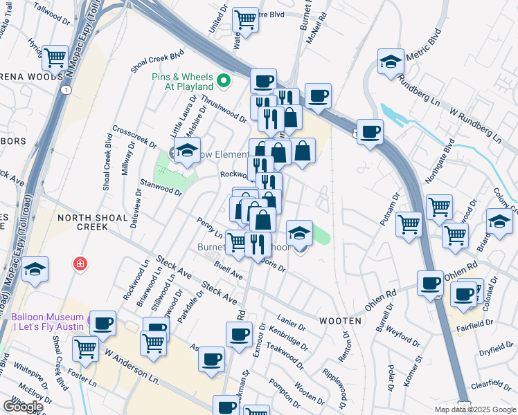 map of restaurants, bars, coffee shops, grocery stores, and more near in Austin