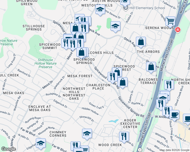 map of restaurants, bars, coffee shops, grocery stores, and more near 8003 Forest Mesa Drive in Austin