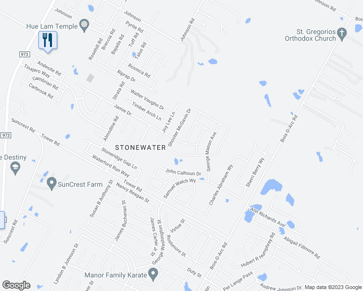 map of restaurants, bars, coffee shops, grocery stores, and more near 12625 Jamie Drive in Manor