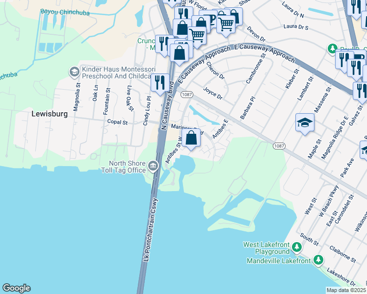 map of restaurants, bars, coffee shops, grocery stores, and more near 103 Tops L Drive in Mandeville