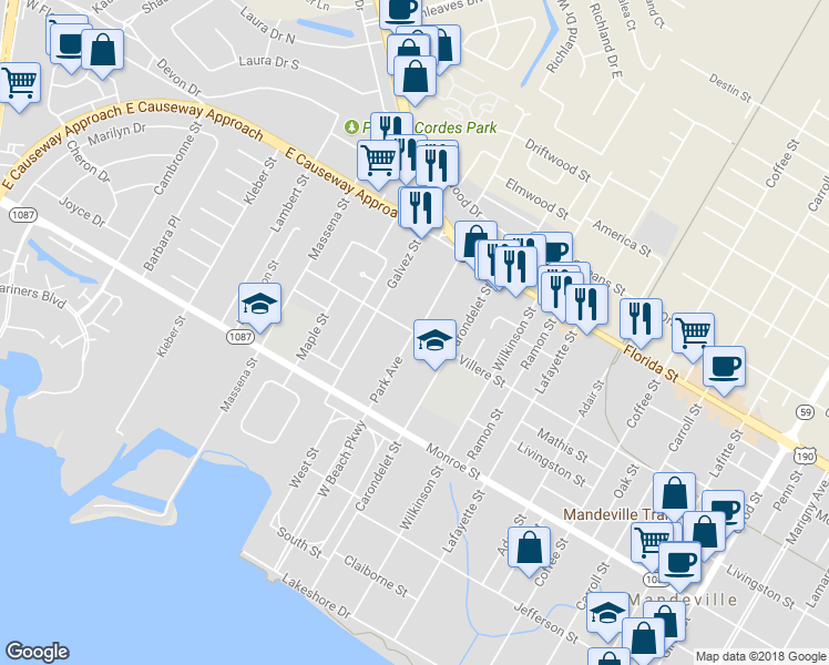 map of restaurants, bars, coffee shops, grocery stores, and more near 617 Park Avenue in Mandeville