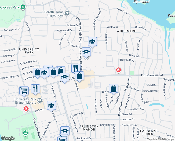 map of restaurants, bars, coffee shops, grocery stores, and more near 6127 Tuscony Circle in Jacksonville