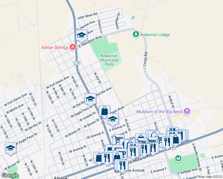 map of restaurants, bars, coffee shops, grocery stores, and more near 1001 Fighting Buck Avenue in Alpine