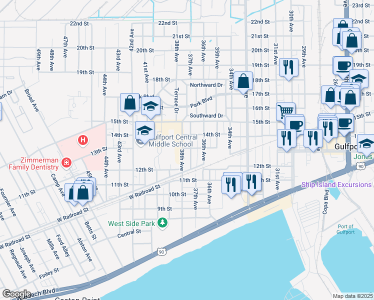 map of restaurants, bars, coffee shops, grocery stores, and more near 1300 37th Avenue in Gulfport
